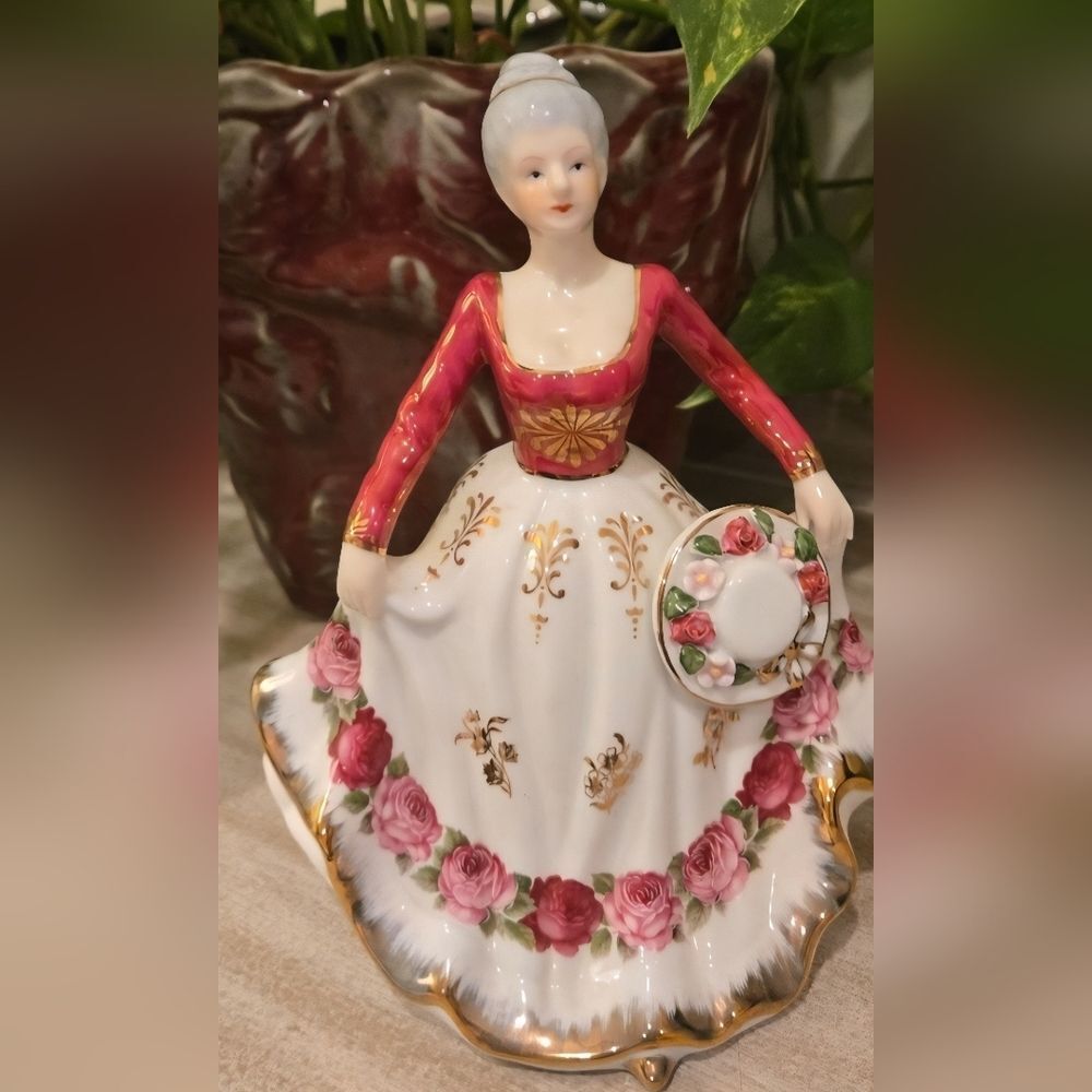 Elegant Figurine with Floral Gold Trimmed Dress, 8 Inches